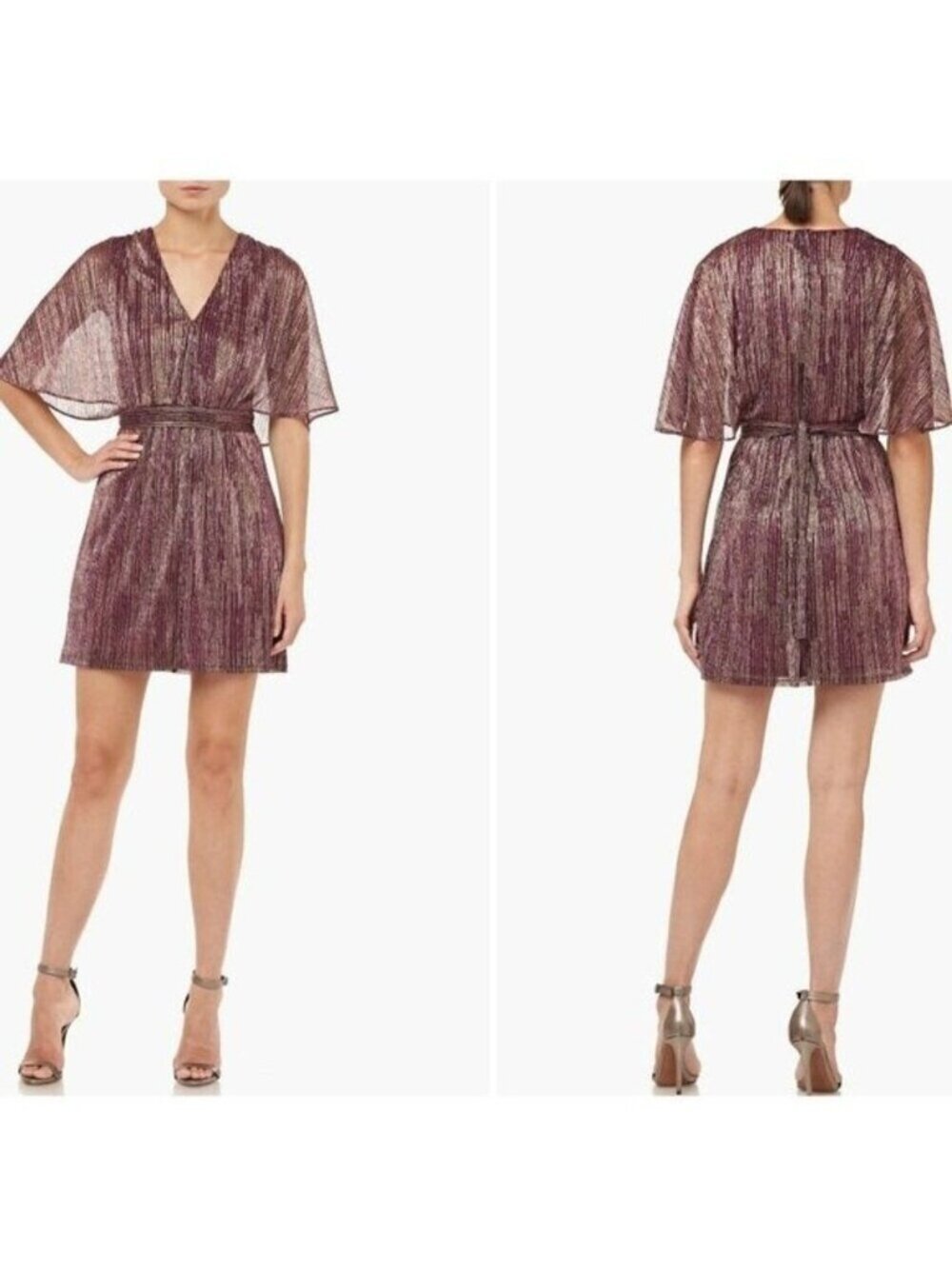 Halston Heritage Metallic Cape Sleeve Mini Dress Womens 10 NWT V Neck Cocktail